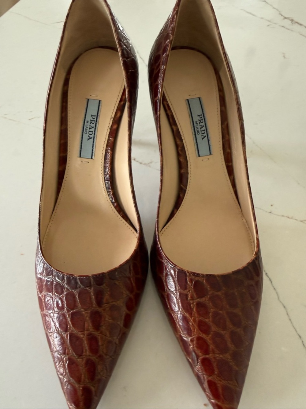 Prada Brown Croc-Embossed Pointed-Toe Pumps - Picture 7 of 8